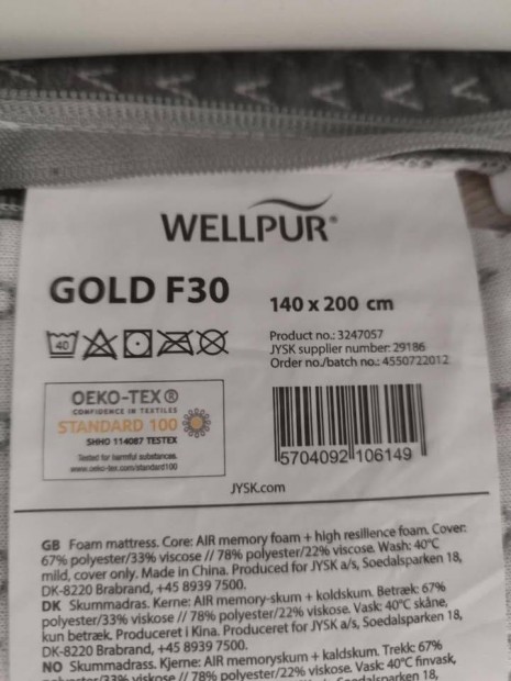Eladó Wellpur Gold F30 140x200 memóriahabos matrac