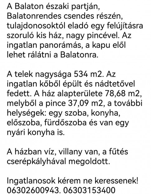 Eladó ház. Balatonrendes