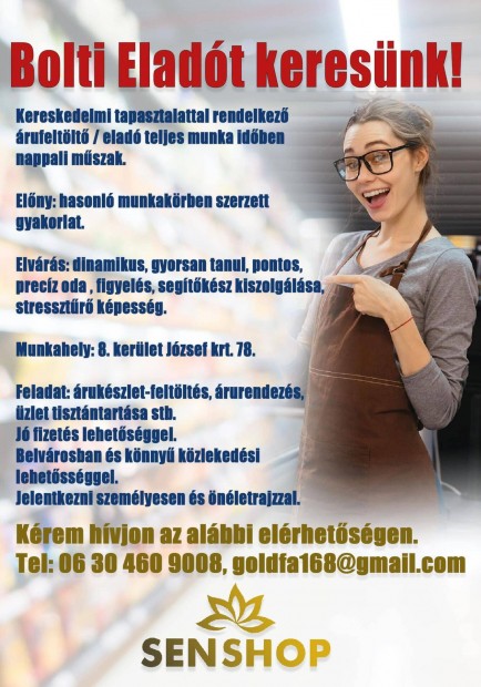 Eladó munkatársat keresünk Corvin negyed 8. kerület üzletünkbe