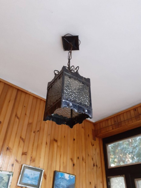 Eladó régi kovácsoltvas-üveg csillár lámpa