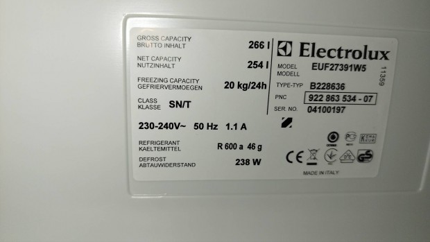 Electrolux 266 literes fagyasztószekrény garanciával