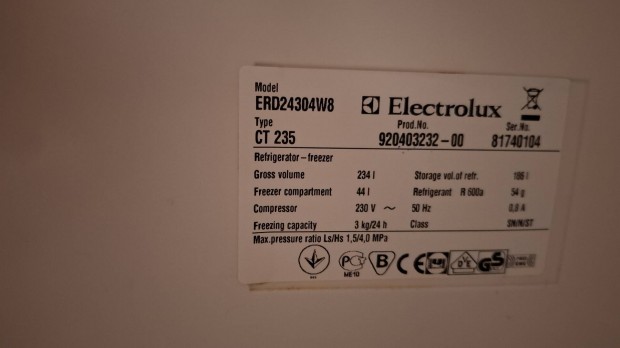 Electrolux hűtő, kombi 234/44 liter