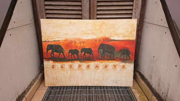 Elefántok naplemente pálmafák Afrika Michael Jarin kép 60 x 80 cm
