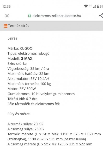 Elektromos Roller Eladó használt Kugooa853