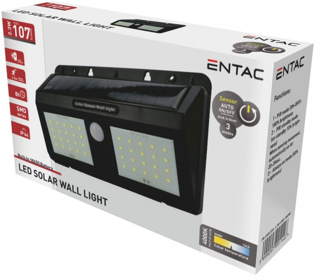 Entac Napelemes Manyag Lmpa 2,3W SMD, 3 md PIR,fali reflektor, ip44