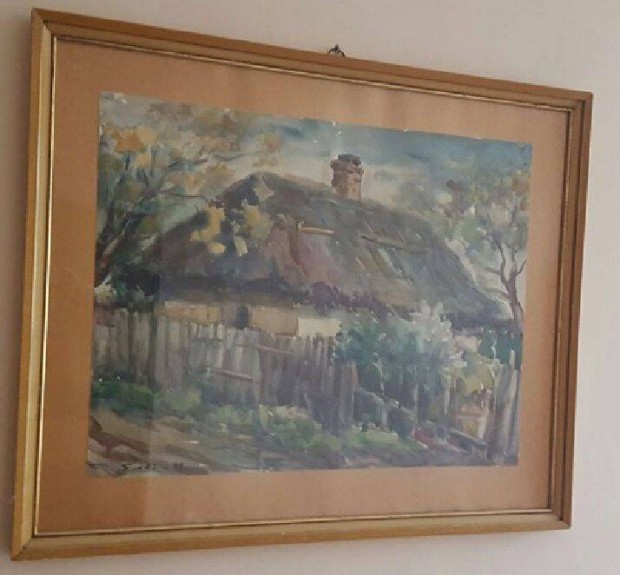 Erdős Mihály: Parasztház tájkép akril festmény 43 x 55,5 cm
