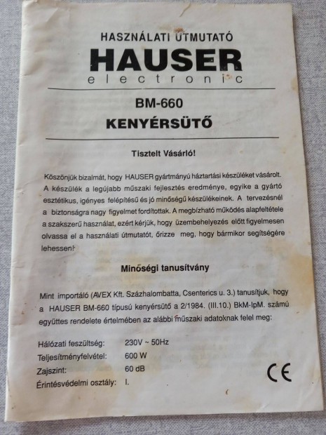 Eredeti Hauser Kenyrst hasznlati utasts