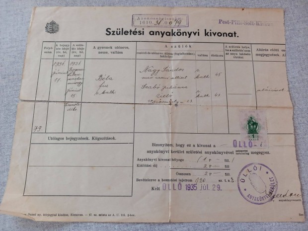 Eredeti szletsi Anyaknyvi kivonat 1935-bl