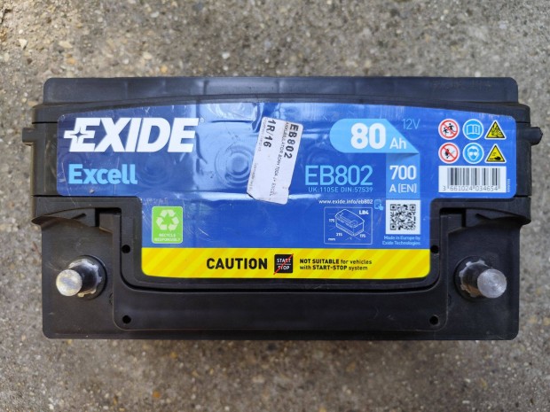 Exide Excell 80Ah 700A jobb+ autó akkumulátor