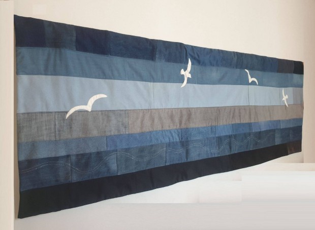 Falvédő, farmer patchwork, sirályokkal, 200x70 cm. Nowaste. Új, egyedi