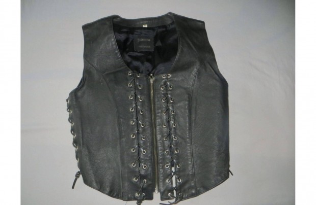 Fekete 4 helyen fűzős bőrmellény 40-s h: 53 cm mb: 98 cm