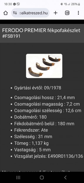 Fékpofa szett Ferodo FSB191, VW, Seat, Audi stb