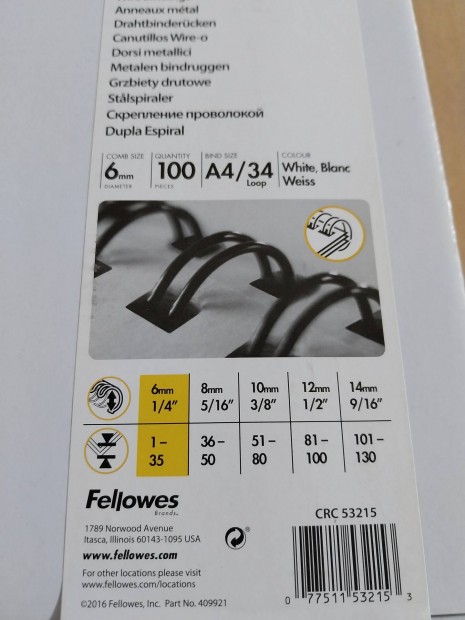 Fellowes 6 mm. drótfésű, spirál, fehér 100 db.