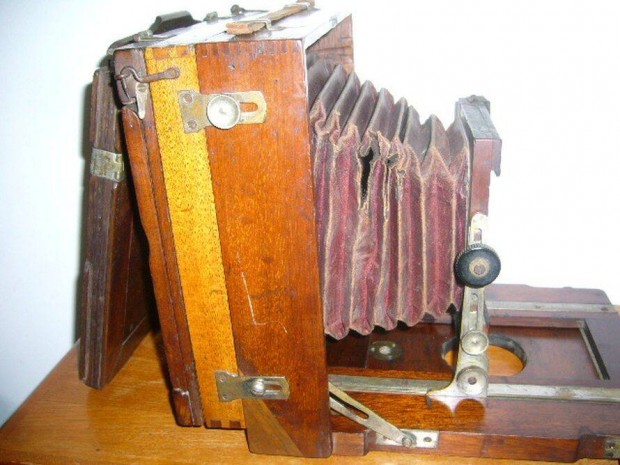 Fényképezőgép, régi, fagép, harmonikás,