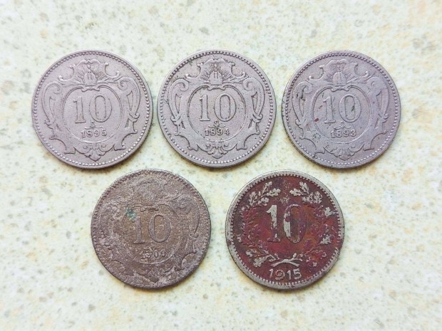Ferenc J�zsef 5 db K�l�nb�z� �rme 10 Heller Fill�r 1893-1915