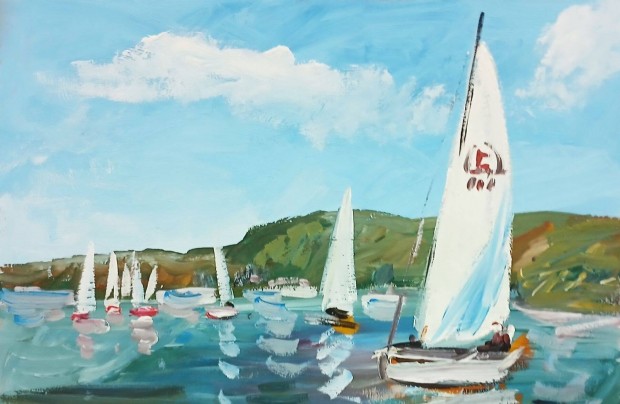 Festmény : Balaton, Vitorlások (olaj, karton, 30x20 cm)