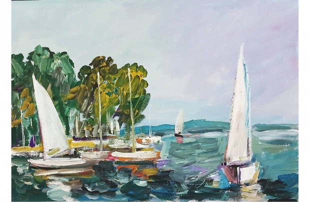 Festmény : Balaton, Vitorlások (olaj, karton, 35x25 cm)