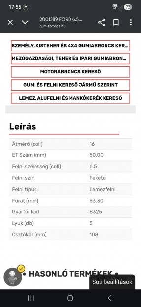 Ford lemezfelni garnitúra 16x6,5 5x108 ET50 O=63,3mm, Tpms szenzorral