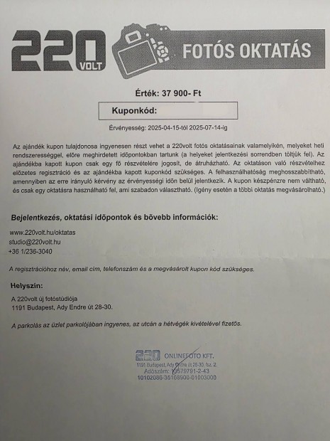 Fotós oktatás - 1 napos - 37.500,-Ft értékben (220volt.hu)