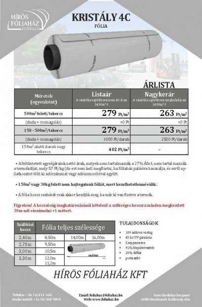 Francia agroflia, stor flia, cseppmentes, 180 mikron, 45 h UV gar