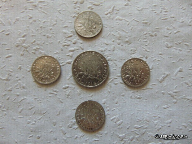 Franciaorszg ezst 1 frank + 4 darab ezst 50 centimes