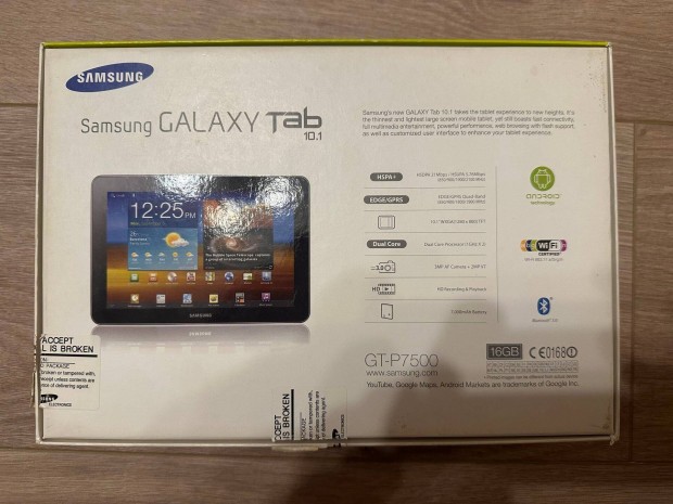 Galaxy Tab 10.1 GT-P7500, SIM-es karcmentes, tokkal tltvel dobozban