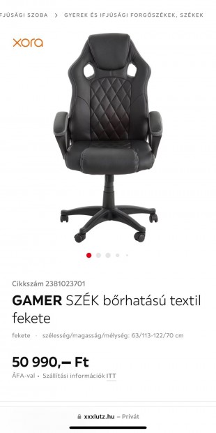Gamer Szk brhats textil fekete