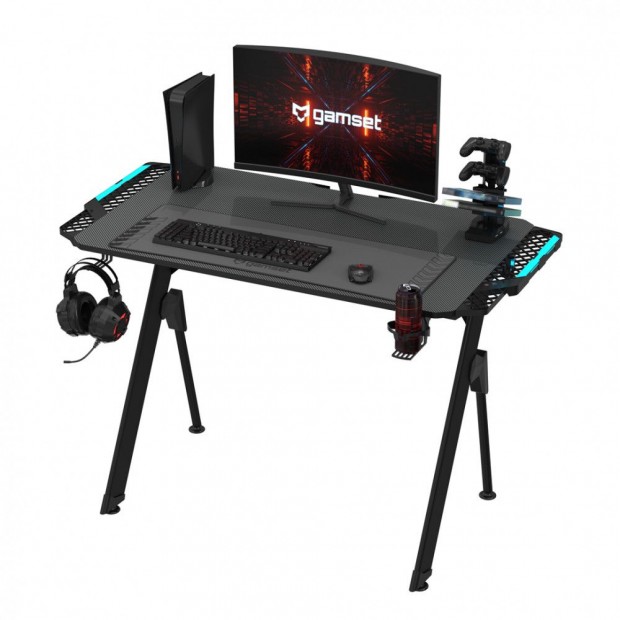 Gamer asztal LED vilgtssal karbonszlas bevonat 116cm GAMSET FALCO