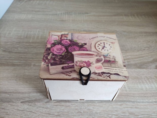 Gárdony Teaház fa új tea filteres doboz Vintage 15x13x8 cm