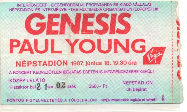 Genesis & Paul Young koncertjegy 1987 Npstadion