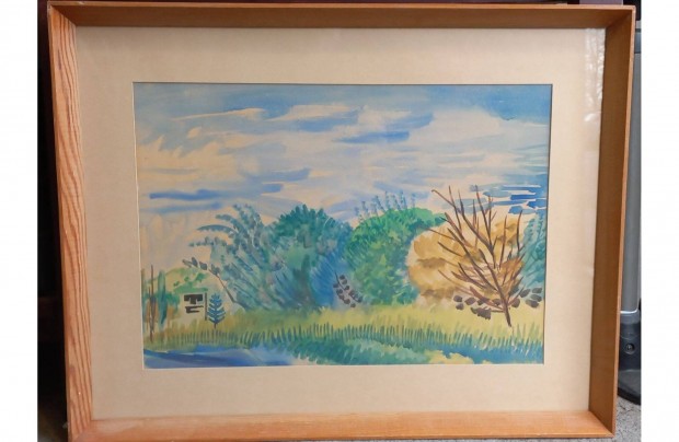 Gerő András - Budai táj c. festmény, akvarell, üvegezett, 62,5x49 cm
