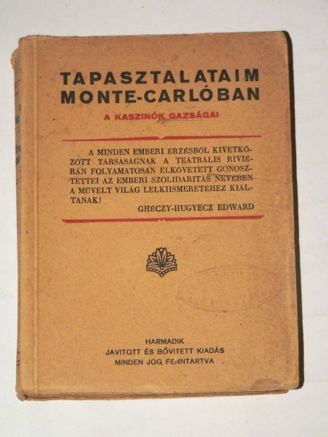 Ghczy-Hugyecz Jnos Tapasztalataim Monte-Carlban / knyv 1933