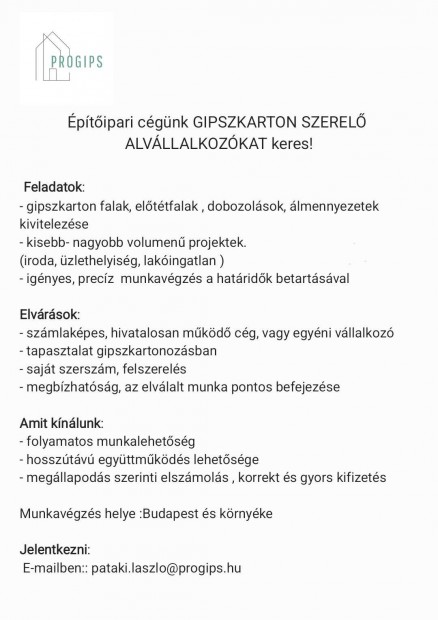 Gipszkarton szerelő alvállalkozó