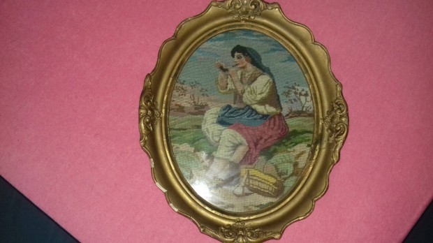 Gobelin több mint 100 éves antik blondel ovál keretben