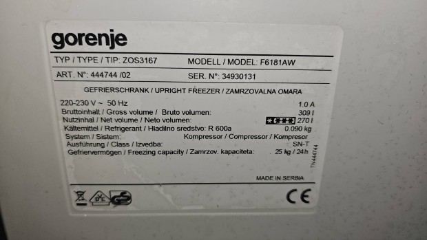 Gorenje 300 literes fagyasztószekrény garanciával szállítás