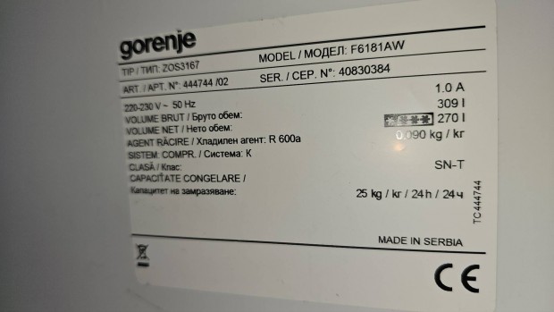 Gorenje 310 literes fagyasztszekrny garancival 