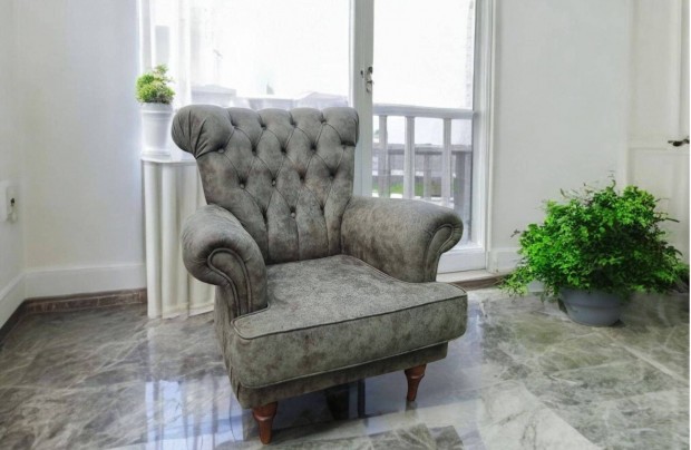 Gyönyörű chesterfield stílusú zöld alcantara fotel
