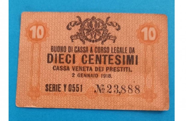 Gyűjtőknek szép, hajtatlan 1918-as Olaszország 10 Centesimi papírpénz