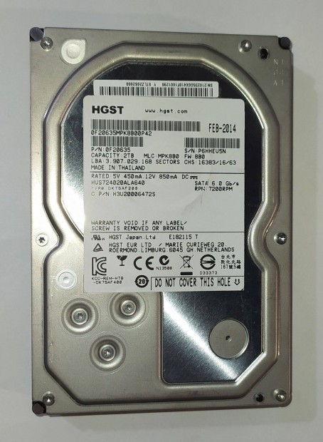 HGST 2TB HDD merevlemez SATA 3.5" 100/100 #EU5N