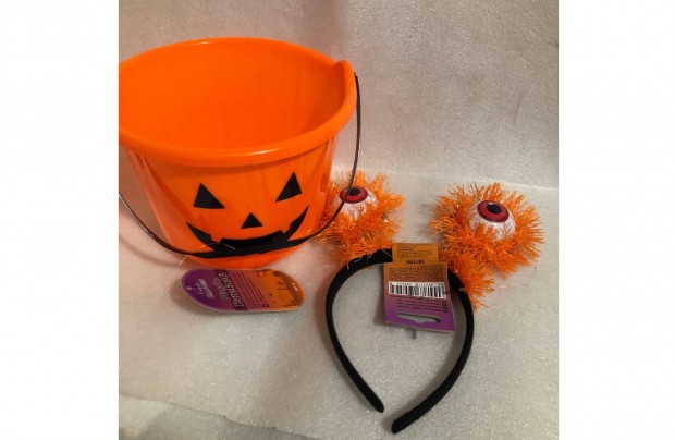 Halloween csomag műanyag vödör tök mintás - 20 x 15 cm + hajráf