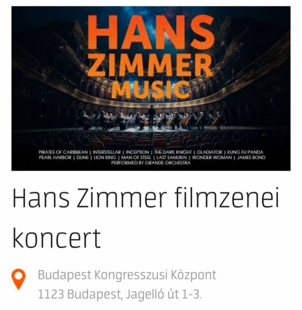 Hans Zimmer filmzenei koncert jegy 2db
