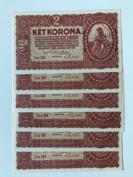 Hat darab sorszmkvet 1920as 2 korons 2aa UNC