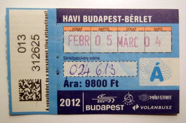 Havi Budapest Brlet Felntt 2012 Februr (2kppel)