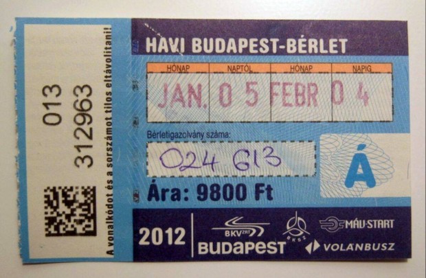 Havi Budapest Brlet Felntt 2012 Janur (2kppel)