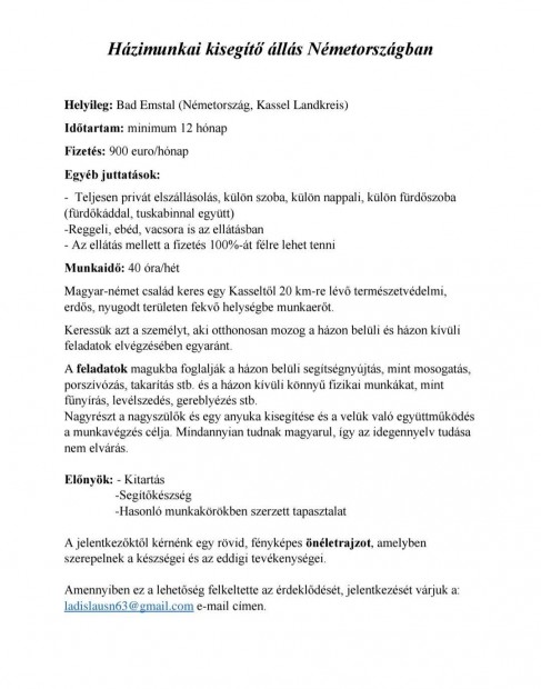 Házimunkai kisegítő állás Németországban