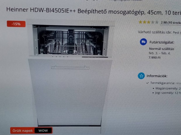 Heinner Hdw-BI4505IE++ Bepthet mosogatgp, 45cm, 10 ter, 5 pr j