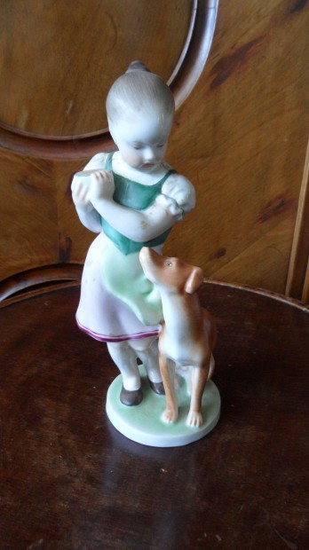 Herendi antik porcelán figura, festett I-o. a kutyás lány, egyéb