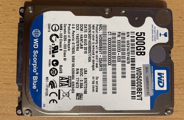 Hibs 500GB laptop HDD (merevlemez) WD5000Bevt