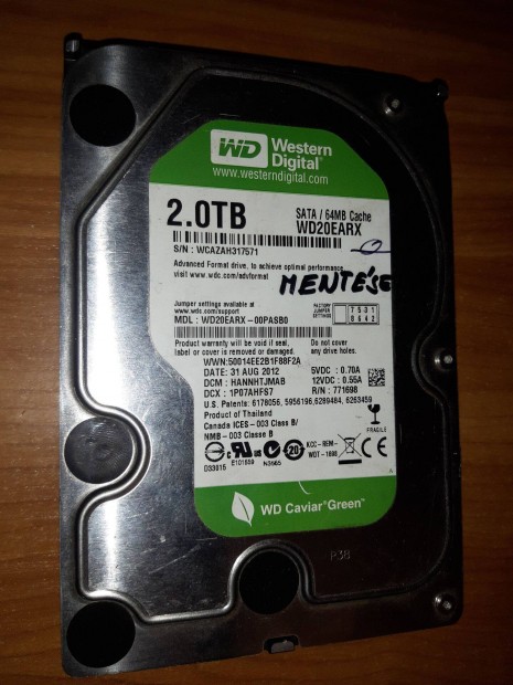 Hibs WD Green 3.5" 2TB 5400rpm 64MB SATA3 WD20Earx HDD merevlemez