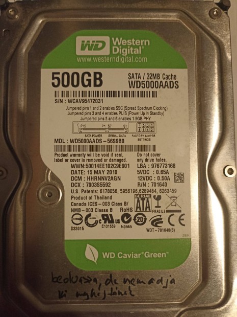 Hibs Western digital 500 GB WD5000AADS-56S9B0 vinchester adatmentsre